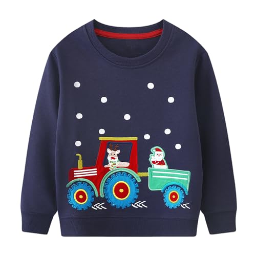 Baogaier Kinder Jungen Mädchen Weihnacht Pullover Sweatshirt Weihnachtsoutfit Weihnachtspuli Christmas Xmas Weihnachtsmann Dunkelblau Traktor Muster Warm Weihnachtskleidung Gr.116-122 von Baogaier