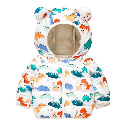 Baogaier Kinder Jungen Winter Jacke Mantel Reißverschluss Weiß Dinosaurier Drucke Muster Kapuzenjacke Winddicht Warm Ultraleicht Oberbekleidung Schneeanzug, Kleinkinder 4-5 Jahre, GR. 98-104 von Baogaier