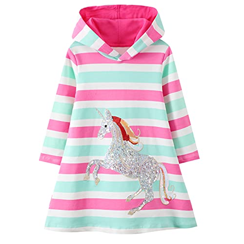 Baogaier Kinder Mädchen Kleid Kapuze Rosa Einhorn Pailletten Kapuzenpullover Pulloverkleid Baumwolle Langarm Pullover Kleider Hoodie Sweatshirt Hoodiekleider Kapuzenkleid Langarmshirt Tops 3-4 Jahre von Baogaier