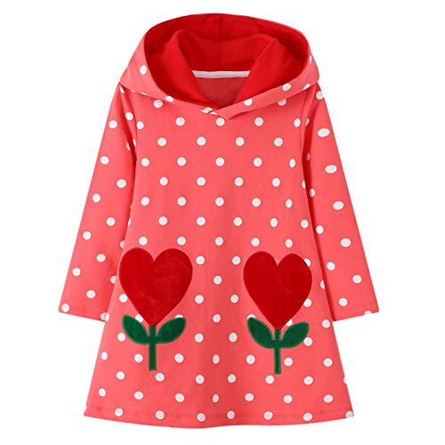 Baogaier Kinder Mädchen Kleid Kapuze Rot Kapuzenpullover Blumen Punkte Applique Pulloverkleid Baumwolle Langarm Pullover Kleider Hoodie Sweatshirt Hoodiekleider Kapuzenkleid Langarmshirt 3-4 Jahre von Baogaier