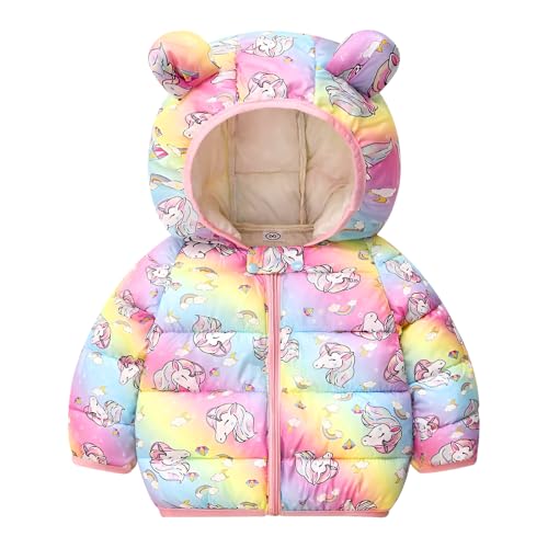 Baogaier Kinder Mädchen Winter Jacke Mantel Reißverschluss Rosa Drucke Pferde Muster Kapuzenjacke Winddicht Warm Ultraleicht Oberbekleidung Schneeanzug für Kleinkinder 2-3 Jahre, GR. 92-98 von Baogaier