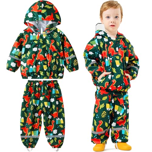 Baogaier Kinder Regenanzug, Jungen Wind und wasserdicht Netzfutter Regenjacke & Regenhose Leicht Regenmantel Regenset Regendichte Matschanzug Regenkleidung 4-5 Jahre, Dunkelgrün Dinosaurier von Baogaier