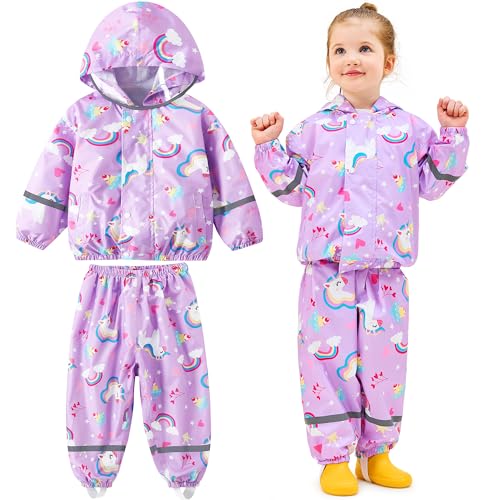 Baogaier Kinder Regenanzug, Mädchen Wind und wasserdicht Netzfutter Regenjacke & Regenhose Leicht Regenmantel Regenset Regendichte Matschanzug Regenkleidung 5-6 Jahre, Lila Pferd von Baogaier