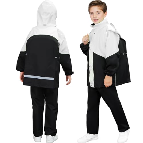 Baogaier Kinder Regenanzug Jungen Mädchen Regenjacke mit Kapuze und Regenhose Set, Leicht Wind-und Wasserdicht Jacke und Hose Anzug, Regenmantel für Camping Wandern, 13-14 Jahre, Schwarz Weiß von Baogaier