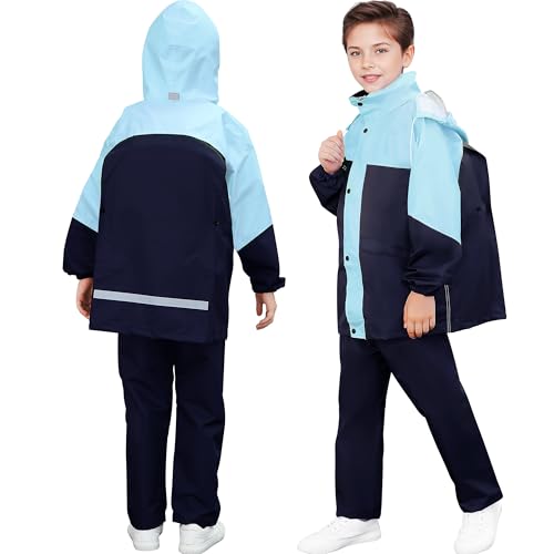 Baogaier Kinder Regenanzug Jungen Mädchen Regenjacke mit Kapuze und Regenhose Set, Leicht Winddicht Wasserdicht Jacke und Hose Anzug, Regenmantel für Camping Wandern, 11-12 Jahre, Hellblau Schwarz von Baogaier