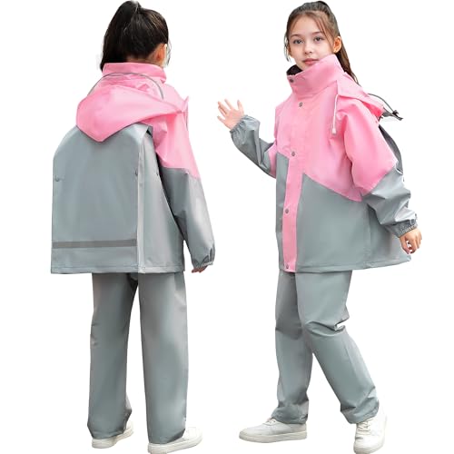 Baogaier Kinder Regenanzug Mädchen Regenjacke mit Kapuze und Regenhose Set, Leicht Wind-und Wasserdicht Jacke und Hose Anzug, Regenbekleidung Regenmantel für Camping Wandern, 11-12 Jahre, Grau Rosa von Baogaier