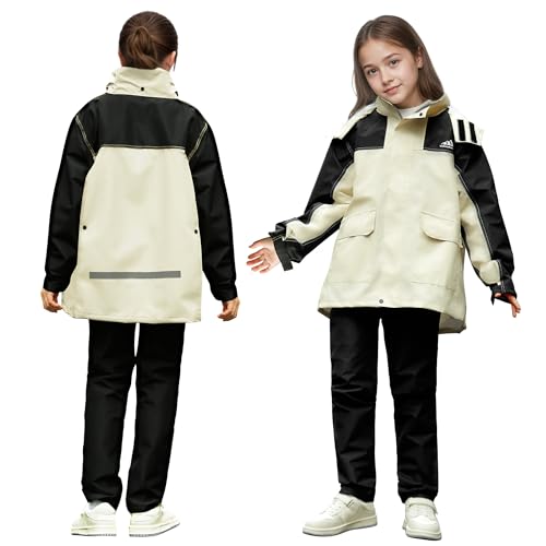 Baogaier Kinder Regenjacke und Regenhose Set, Unisex Jungen Mädchen Leicht Ungefüttert Regenanzug, Wasserdicht Regenmantel & Matschhose Anzug mit Tragetasche, 11-12 Jahre, Beige von Baogaier