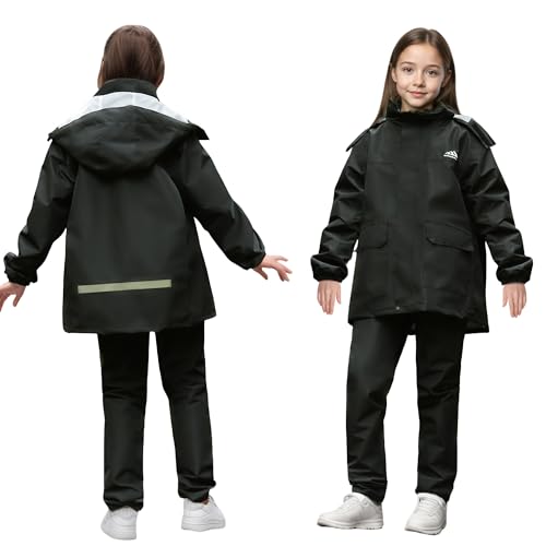 Baogaier Kinder Regenjacke und Regenhose Set, Unisex Jungen Mädchen Leicht Ungefüttert Regenanzug, Wasserdicht Regenmantel & Matschhose Anzug mit Tragetasche, 9-10 Jahre, Schwarz von Baogaier
