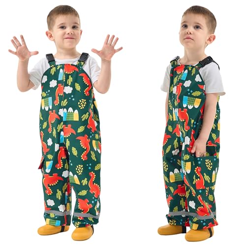 Baogaier Kinder Regenlatzhose Matschhose Jungen Wind-und wasserdichte Latzhose Leicht Buddelhose Ungefüttert Regenhosen mit Reflektor Outdoor Hosen Regenbekleidung GR.122-128, Grün Dinosaurier von Baogaier