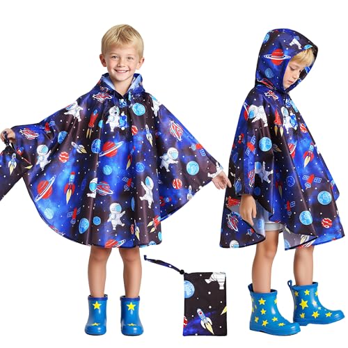 Baogaier Kinder Regenponcho Leicht Atmungsaktiv Jungen Regencape Unisex Kleinkind Regenjacke Wasserdichter Regenmantel mit Kapuze Faltbare Outwear Regenbekleidung 3-5 Jahre, Blau Astronaut von Baogaier