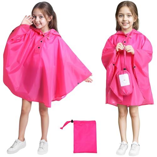 Baogaier Kinder Regenponcho Leicht Atmungsaktiv Mädchen Jungen Regencape Regenjacke Wasserdichter Regenmantel mit Kapuze Faltbare Outwear Regenbekleidung 6-10 Jahre, Rosarot von Baogaier