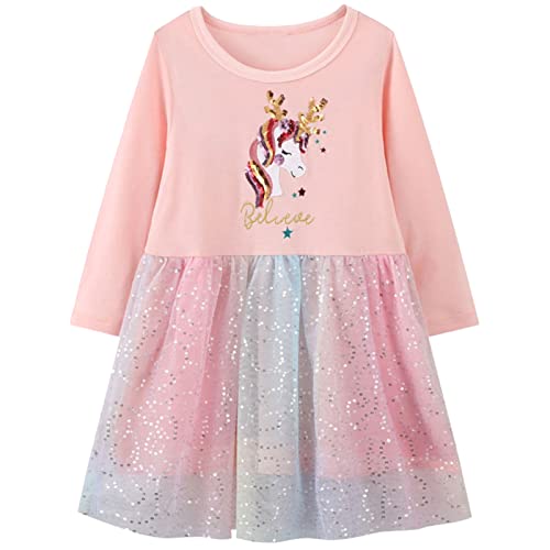 Baogaier Kleid Mädchen Einhorn Paillette Tüll Kleider Lange Ärmel Baumwolle Glitzer Stickerei Shirtkleid Gr. 98-104 Frühling Herbst Alltag Geburtstag Kleid Kinder Altern 3-4 Jahire, Rosa von Baogaier