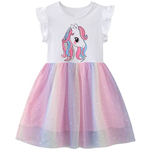 Baogaier Kleid Mädchen Kinder Tüll Kleider Einhorn Pailletten Ärmellos Baumwolle Glitzer Gr. 116-122 Sommerkleid Shirtkleid Ballkleid Tüll Rock mit Rosa Farbverlauf für 6-7 Jahire, Weiß von Baogaier