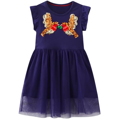 Baogaier Kleid Mädchen Pailletten Tüll Kleider Baumwolle Armellos Sommerkleid Dunkelblau Vogel-Motiv Sommer Frühling T-Shirt Tüllkleid Kinderkleid Gr. 98-104 von Baogaier