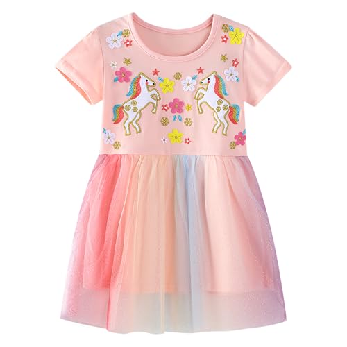 Baogaier Kleid Mädchen Tüll Kleider Baumwolle Kurzer Ärmel Regenbogen Sommerkleid Rosa Blume Pferd Stickerei Motiv Sommer Frühling T-Shirt Tüllkleid Party Festliches Kinderkleid Gr. 92-98 von Baogaier