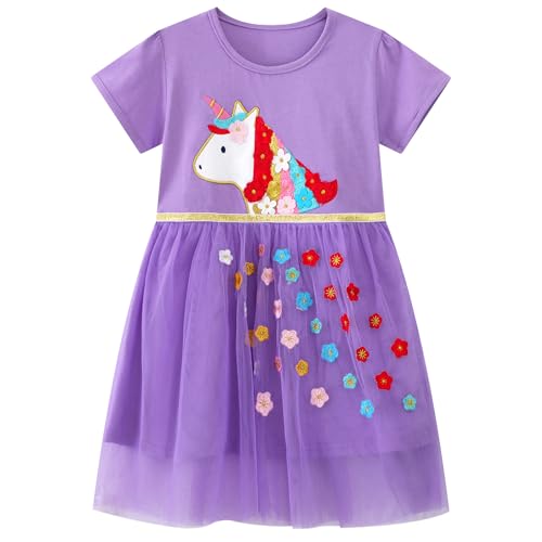 Baogaier Kleid Mädchen Tüll Kleider Baumwolle Kurzer Ärmel Sommerkleid Lila Pferd-Motiv Sommer Frühling T-Shirt Tüllkleid Party Festliches Kinderkleid Gr. 116-122 von Baogaier