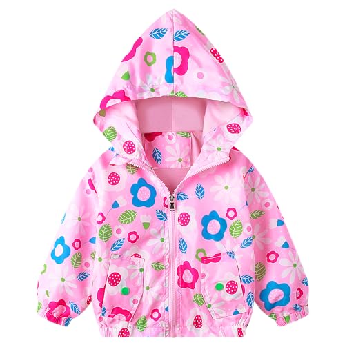 Baogaier Mädchen Jacke mit Atmungsaktiv Fütterung Kleinkind Sonnenschutz Übergangsjacke Rosa Blumenmuster Aufdruck Outdoorjacke Winddicht mit Kapuzen Softshelljacke Gr.92-98 Frühling Mäntel,100 von Baogaier
