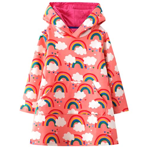 Baogaier Mädchen Kleid Baumwolle Langarm Kapuzenpullover Pulloverkleid Kapuze Pullover Kleider Hoodie Sweatshirt Hoodiekleider Rosa Regenbogen Wolken Top Frühling Kinder 4-5 Jahre von Baogaier