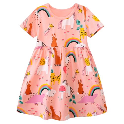 Baogaier Mädchen Kleid Kurzarm Kinder Baumwolle Rosa Pferd Druck A-Linie T-Shirt Rundhals Festliche Casual Freizeitkleid Party Prinzessin Kleider Kleidung Gr.104-110, für 5-6 Jahre von Baogaier