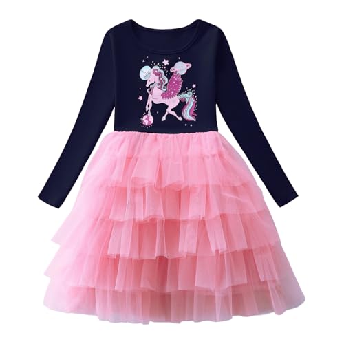 Baogaier Mädchen Kleider Baumwolle Kinder A-Linie Langarm T-Shirt Kinderkleid Rundhals Festliche Casual Elegant Freizeitkleid Party Prinzessin Kleid, 5-6 Jahre, Gr.110-116, Dunkelblau von Baogaier