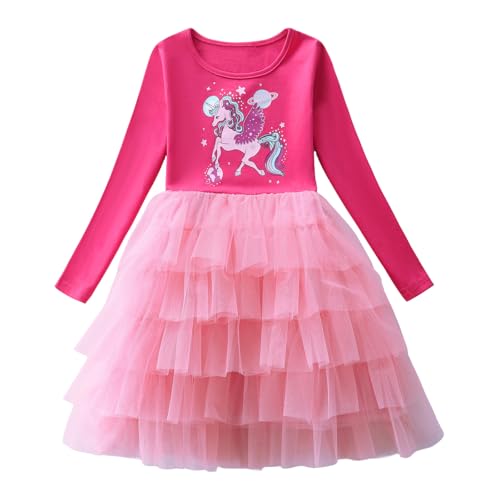 Baogaier Mädchen Kleider Baumwolle Kinder A-Linie Langarm T-Shirt Kinderkleid Rundhals Festliche Casual Elegant Freizeitkleid Party Prinzessin Kleid, 6-7 Jahre, Gr.116-122, Fuchsia von Baogaier