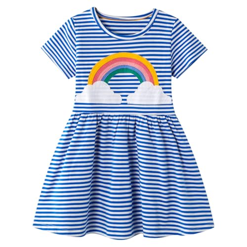 Baogaier Mädchen Kleider Baumwolle Kurzarmm Kinder Blau Regenbogen Stickerei Druck A-Linie T-Shirt Festliche Casual Freizeitkleid Party Prinzessin Kleid Kleidung Gr.104-110, für 4-5 Jahre von Baogaier