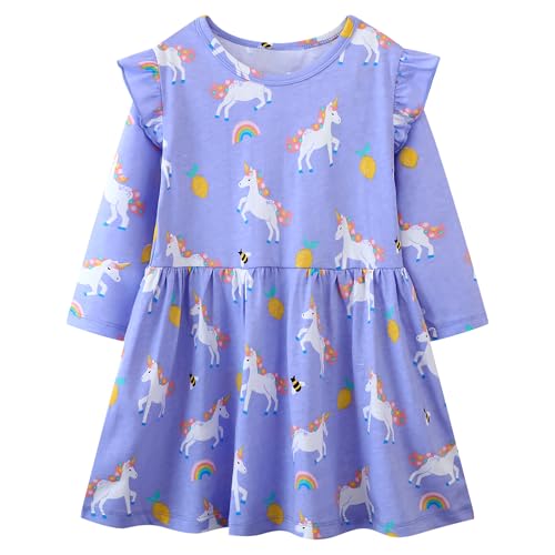 Baogaier Mädchen Kleider Baumwolle Langarm Kinder Lila Pferd Druck Winterkleid Herbstkleider A-Linie T-Shirt Rundhals Rüschen Festliche Casual Freizeitkleid Party Prinzessin Kleid Kleidung Gr.116-122 von Baogaier
