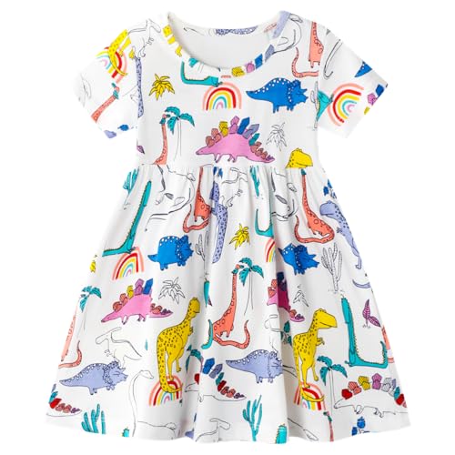 Baogaier Mädchen Kleider Kurzarm Baumwolle Blau Weiß Dinosaurier Druck A-Linie T-Shirt Kinderkleid Rundhals Festliche Freizeitkleid Party Prinzessin Kleid Kleidung Gr.116-122, für 6-7 Jahre von Baogaier