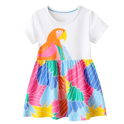 Baogaier Mädchen Kleider Kurzarm Weiß Vogel Druck Kinder Baumwolle A-Linie T-Shirt Rundhals Festliche Casual Freizeitkleid Party Prinzessin Kleid Kleidung Gr.104-110, für 5-6 Jahre von Baogaier