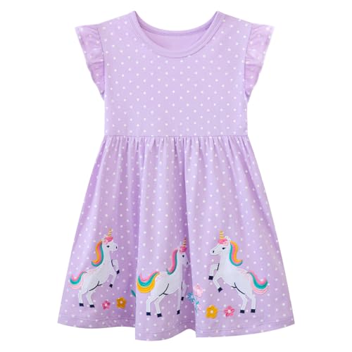 Baogaier Mädchen Kleider Rüschen Ärmel Kinder Baumwolle Lila Pferd Druck Punktmuster T-Shirt Kinderkleid mit Knöpfen Festliche Freizeitkleid Party Kleid Kleidung, für 5-6 Jahre von Baogaier