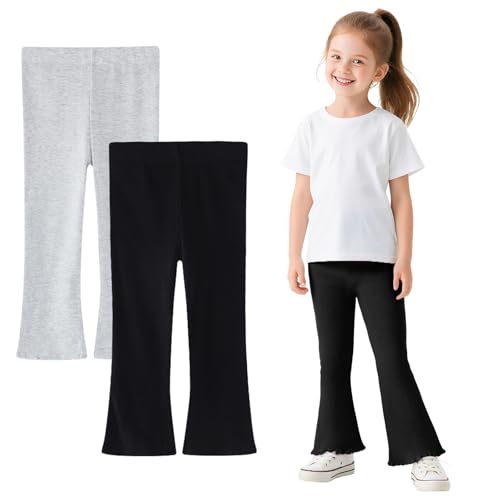 Baogaier Mädchen Leggings Baumwolle Stretch Atmungsaktive Schlaghosen, 2er-Pack, Kinder Weiche Flared Yogahose Tanzen Bootcut Hosen Lange Leggins GR. 98-104, 3-4 Jahre, Schwarz grau von Baogaier