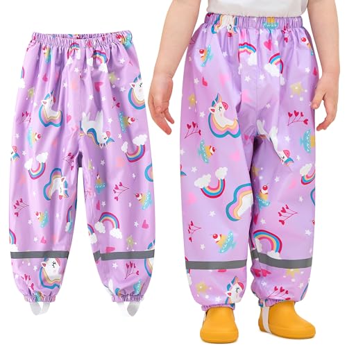 Baogaier Mädchen Matschhose Regenlatzhose Lila Pferd Buddelhose Ungefüttert Wind-und wasserdichte Dünn Leicht Sport Kinder Regenhose Regenbekleidung mit Reflektor, für 7-8 Jahre, GR.122-128 von Baogaier