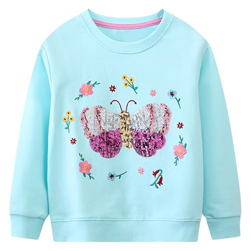 Baogaier Mädchen Pullover Langarmshirt Baumwolle Atmungsaktiv Casual Weichem Sweatshirt Herbst Winter Warm Kinder Kleidung Tops, Blauer Schmetterling Pailletten, GR.98-104 von Baogaier