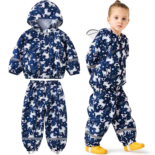 Baogaier Mädchen Regenanzug, Kinder Wind und wasserdicht Netzfutter Regenjacke & Regenhose Leicht Regenmantel Regenset Regendichte Matschanzug Regenkleidung 2-3 Jahre, Marineblau Pferd von Baogaier