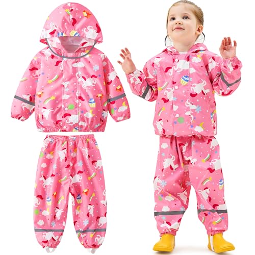Baogaier Mädchen Regenanzug, Kinder Wind und wasserdicht Netzfutter Regenjacke & Regenhose Leicht Regenmantel Regenset Regendichte Matschanzug Regenkleidung 4-5 Jahre, Rosa Pferd von Baogaier