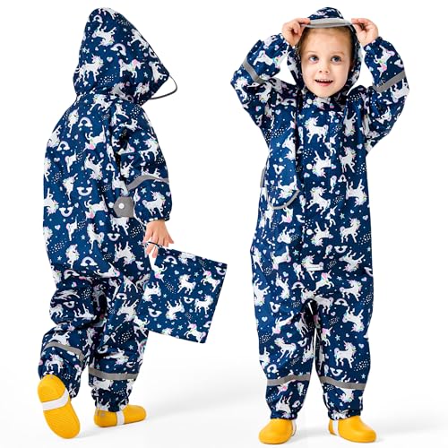 Baogaier Mädchen Regenanzug Wasserdicht Regenoverall Kinder Regenmantel Regenjacke Leicht Ohne Futter Overalls Einteilig Outwear Regenbekleidung für Schule Wandern 3-5 Jahre, Marineblau Pferd von Baogaier