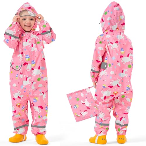 Baogaier Mädchen Regenanzug Wasserdicht Regenoverall Kinder Regenmantel Regenjacke Leicht Ohne Futter Overalls Einteilig Outwear Regenbekleidung für Schule Wandern 5-7 Jahre, Rosa Pferd von Baogaier