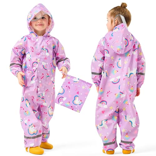 Baogaier Mädchen Regenanzug Wasserdicht Regenoverall Kinder Regenmantel Regenjacke Leicht Ohne Futter Overalls Einteilig Outwear Regenbekleidung für Schule Wandern 7-9 Jahre, Lila Pferd von Baogaier