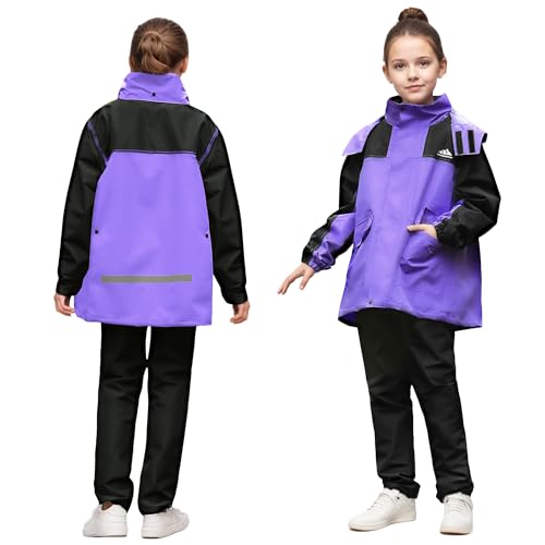 Baogaier Mädchen Regenjacke und Regenhose Set, Kinder Leicht Ungefüttert Regenanzug, Wasserdicht Matschanzug Regenmantel & Matschhose Anzug mit Tragetasche Regenbekleidung, 13-14 Jahre, Lila von Baogaier