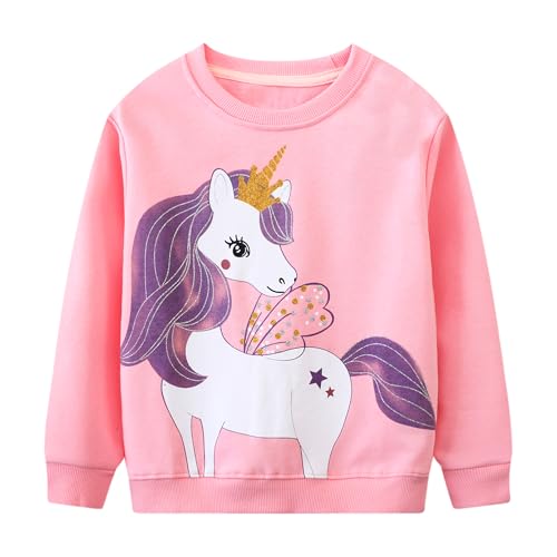 Baogaier Mädchen Sweatshirt Pullover Baumwolle Leichtgewicht Casual Langarmshirt Rosa Pferd Glänzend Tierdruck Kinder Kleidung Langarm Rundhalsausschnitt Tops 3-4 Jahre, Gr.98-104 von Baogaier