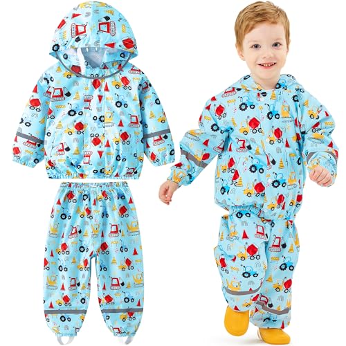 Baogaier Regenanzug für Kinder, Jungen Wind und wasserdicht Netzfutter Regenjacke & Regenhose Regenmantel mit Reflektor Regenset Regendichte Matschanzug Regenkleidung 5-6 Jahre, Hellblaues Auto von Baogaier