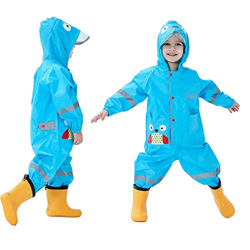 Baogaier Regenmantel Kapuze Kinder Mädchen Jungen Atmungsaktiv Wasserdicht Leicht Regenanzug Einteilig Outdoor Regenponcho mit Transparenter Hutkrempe Blau Eule Zoo Overall Regen Regenjacken 2-4 Jahre von Baogaier