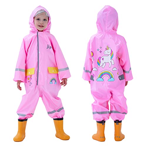 Baogaier Regenmantel Mädchen Wasserdicht Rosa, Kinder Regenjacke mit Kapuze Einteilig Overall Atmungsaktiv Leicht Sport Regenanzug Regen Jacke Hose mit Reflektierende Streifen für 7-8 Jahre, Einhorn von Baogaier