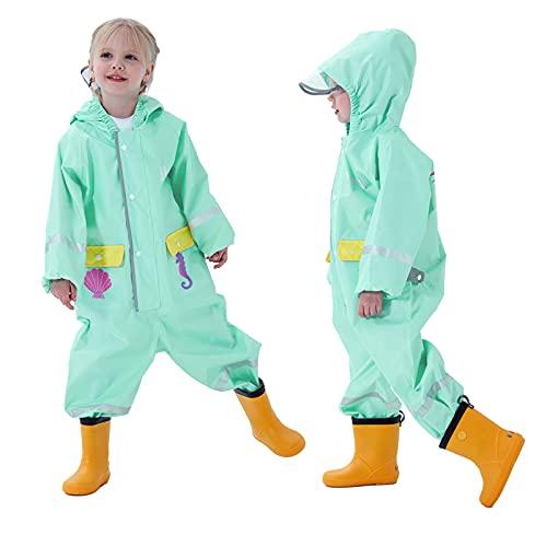 Baogaier Regenanzug Einteilig Mädchen Grün, Regenmantel Wasserdicht mit Kapuze Atmungsaktiv Matschanzug Regenkleidung Regenjacke Regenhose für Baby Kleinkind Kinder 1-2 Jahre, Meerjungfrau von Baogaier