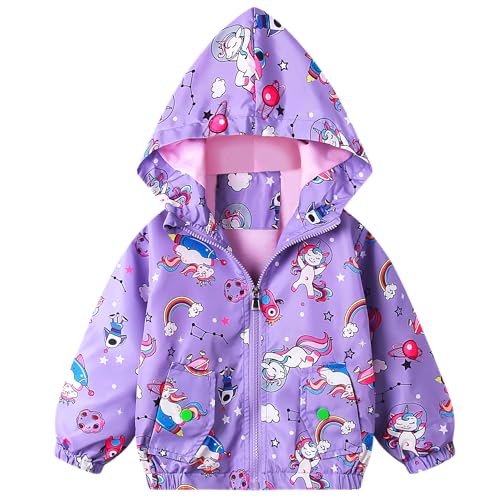 Baogaier Softshelljacke Mädchen Jacke Übergangsjacke mit Weich fütterung Outdoorjacke Kinder Atmungsaktiv Winddicht Kapuzenjacke Kleinkind Mantel, Gr.98-104 Lila Weltraum Pferd Aufdruck,110 von Baogaier