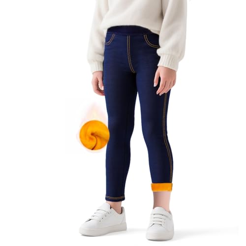 Baogaier Thermo Leggings Mädchen Jeans-Optik Gefütterte Thermoleggings mit Fleece Winter Warme Lang Hosen mit Taschen Jeggings Thermohose Winterleggins, 7-8 Jahre, Gr.122-128, Marineblau von Baogaier
