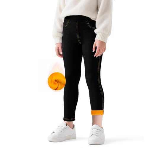 Baogaier Thermo Leggings Mädchen Jeans-Optik Gefütterte Thermoleggings mit Fleece Winter Warme Lang Hosen mit Taschen Jeggings Thermohose Winterleggins, 10-11 Jahre, Gr.140-146, Schwarz von Baogaier