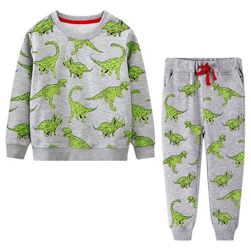 Baogaier Trainingsanzug Kinder Sportanzug Jungen Baumwolle Jogginganzug Sport Pullover Set Langarm Sweatshirt und Hose Grau Grün Dinosaurier Tiermuster Sportbekleidung Alter 2 3 Jahre Gr.92-98 von Baogaier