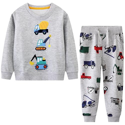 Baogaier Trainingsanzug Kinder Sportanzug Jungen Baumwolle Jogginganzug Sport Set Langarm Sweatshirt und Hose Grau Gedrucktes Auto Bagger Muster Sportbekleidung Alter 2 3 Jahre, GR.92-98 von Baogaier