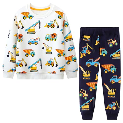 Baogaier Trainingsanzug Kinder Sportanzug Jungen Baumwolle Jogginganzug Sport Set Langarm Sweatshirt und Hose Weiß Marineblau Gedrucktes Auto Bagger Muster Sportbekleidung Alter 6 7 Jahre, Gr.116-122 von Baogaier